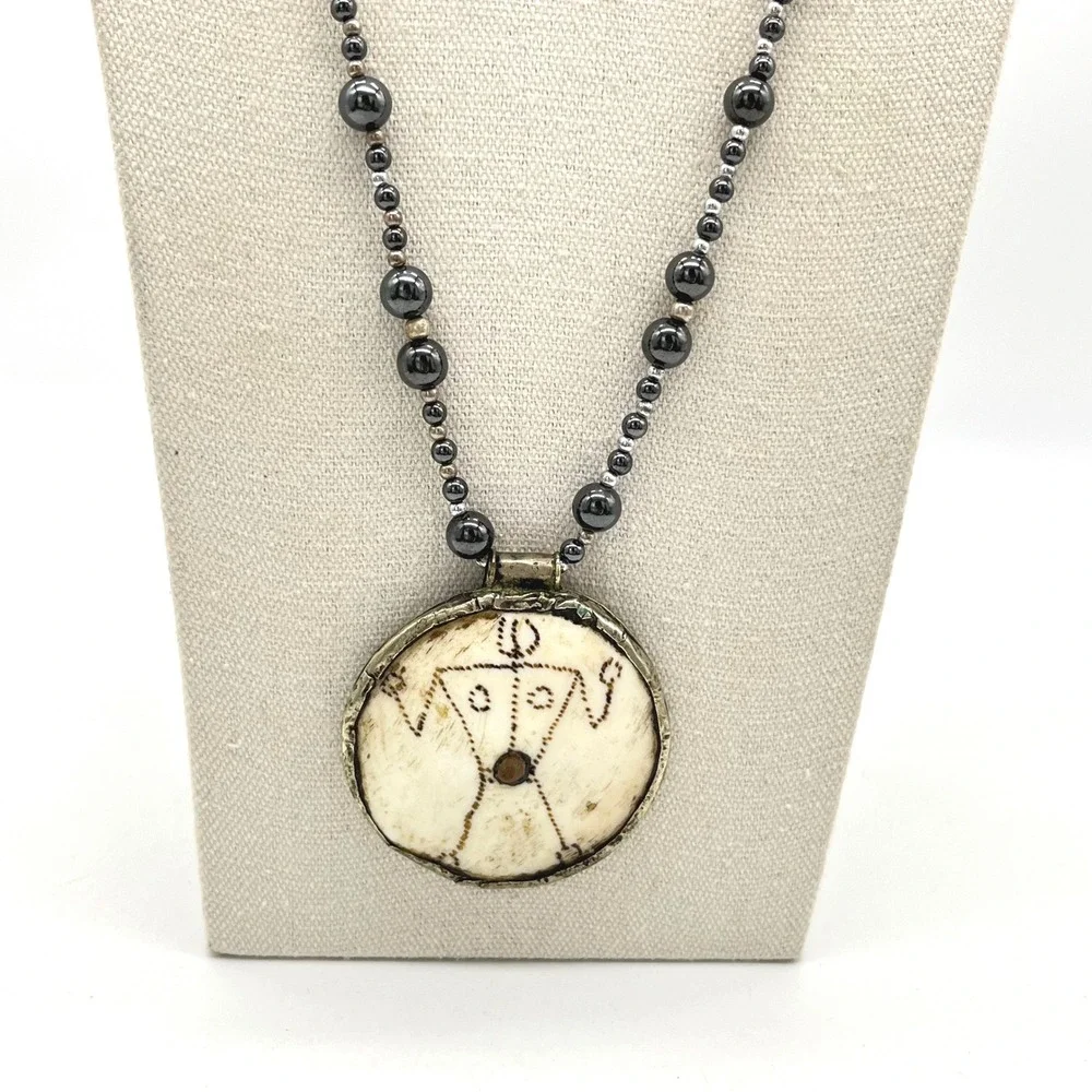 Naga Carved Shell Warrior Pendant Hematite Bead‎ Statement Necklace